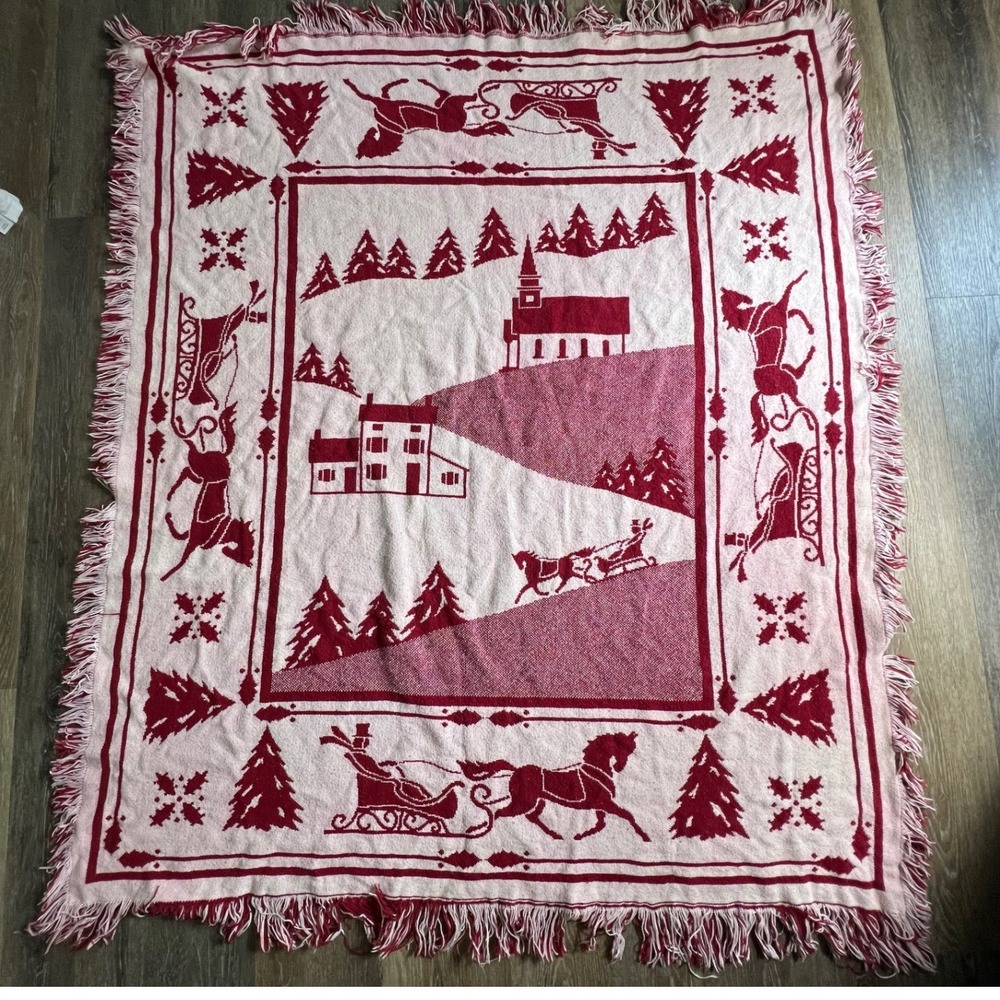 Unbranded Woven Tapestry Throw Blanket Red Cream Winter Sleigh Village Scene